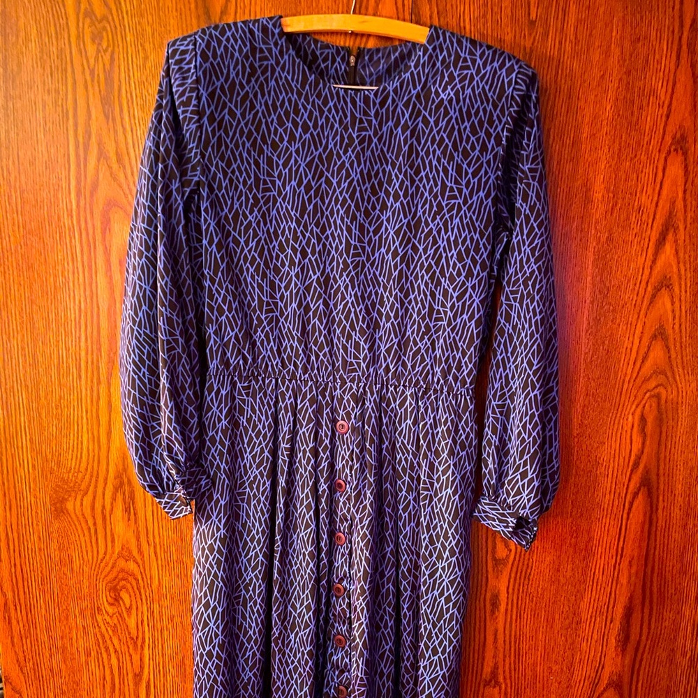 Vintage 1980s Black and Blue Fit and Flare Dress